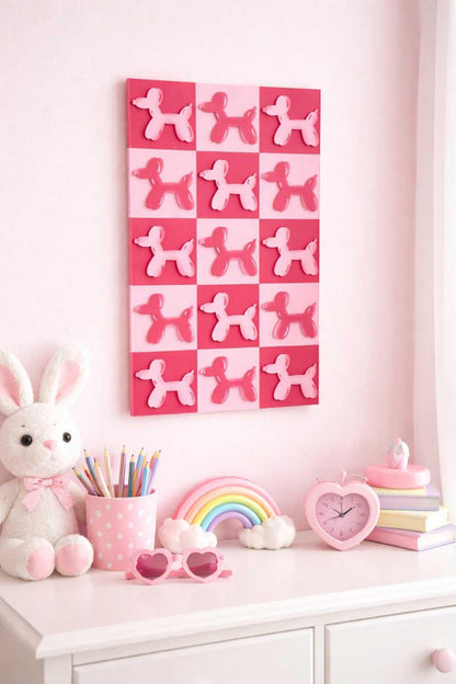 Balloon Dog Wall Art – Retro Checkered Pop Art Decor – Blue or Pink 3D Dog Wall Hanging – Kids, Teen & Dorm Room Aesthetic - Nifty Decor & More