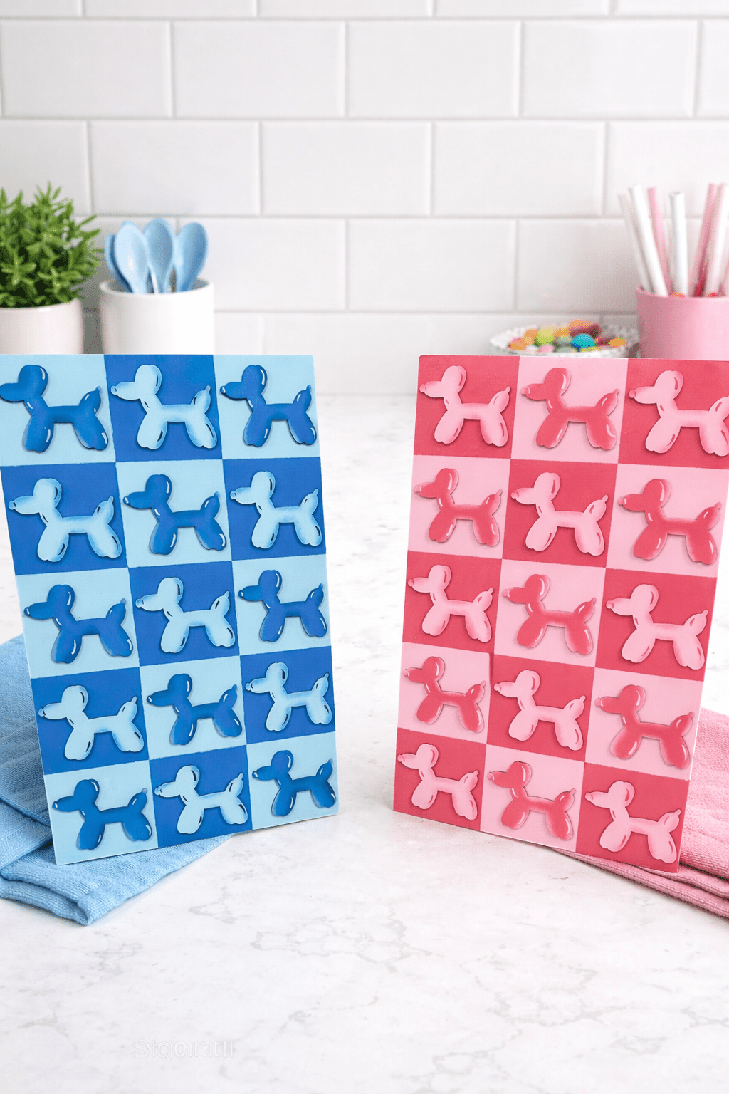 Balloon Dog Wall Art – Retro Checkered Pop Art Decor – Blue or Pink 3D Dog Wall Hanging – Kids, Teen & Dorm Room Aesthetic - Nifty Decor & More
