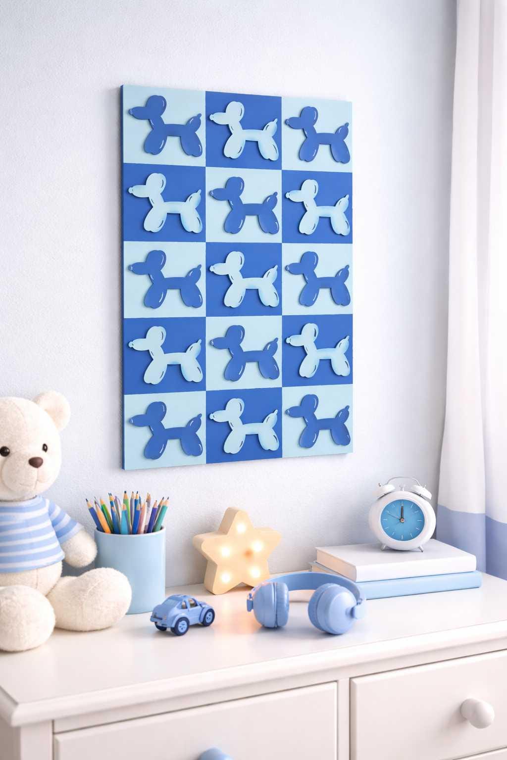 Balloon Dog Wall Art – Retro Checkered Pop Art Decor – Blue or Pink 3D Dog Wall Hanging – Kids, Teen & Dorm Room Aesthetic - Nifty Decor & More