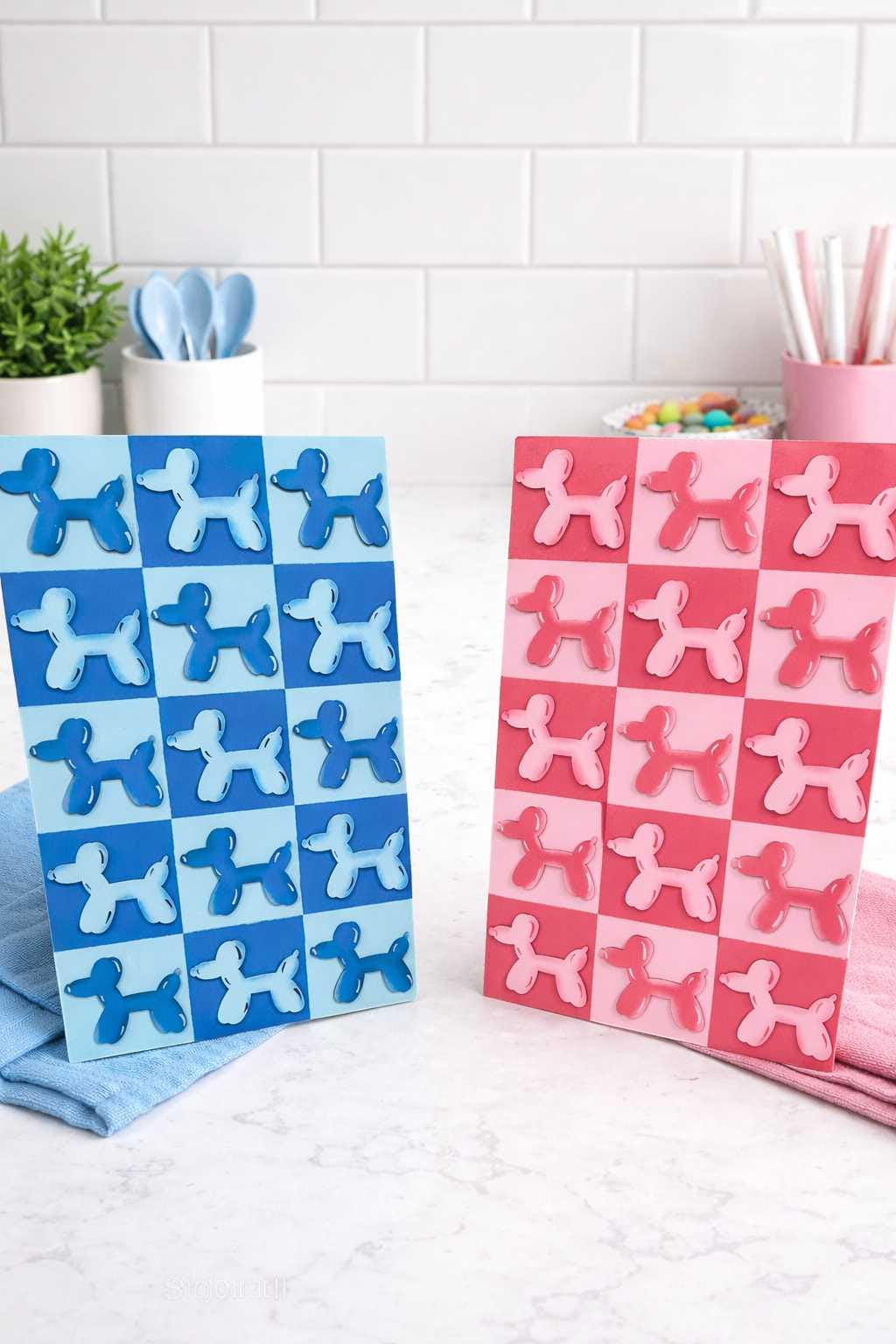 Balloon Dog Wall Art – Retro Checkered Pop Art Decor – Blue or Pink 3D Dog Wall Hanging – Kids, Teen & Dorm Room Aesthetic - Nifty Decor & More