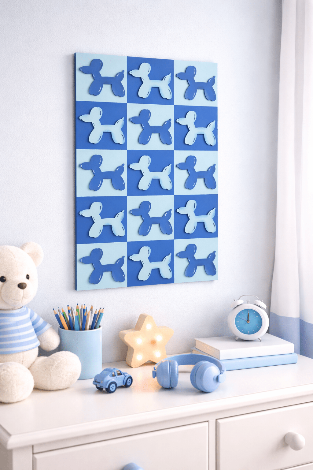 Balloon Dog Wall Art – Retro Checkered Pop Art Decor – Blue or Pink 3D Dog Wall Hanging – Kids, Teen & Dorm Room Aesthetic - Nifty Decor & More