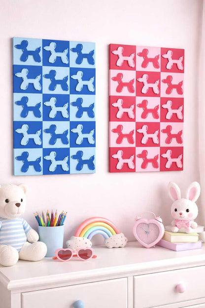 Balloon Dog Wall Art – Retro Checkered Pop Art Decor – Blue or Pink 3D Dog Wall Hanging – Kids, Teen & Dorm Room Aesthetic - Nifty Decor & More