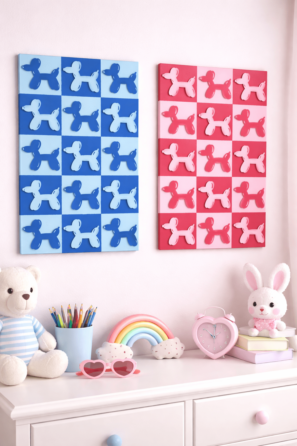 Balloon Dog Wall Art – Retro Checkered Pop Art Decor – Blue or Pink 3D Dog Wall Hanging – Kids, Teen & Dorm Room Aesthetic - Nifty Decor & More