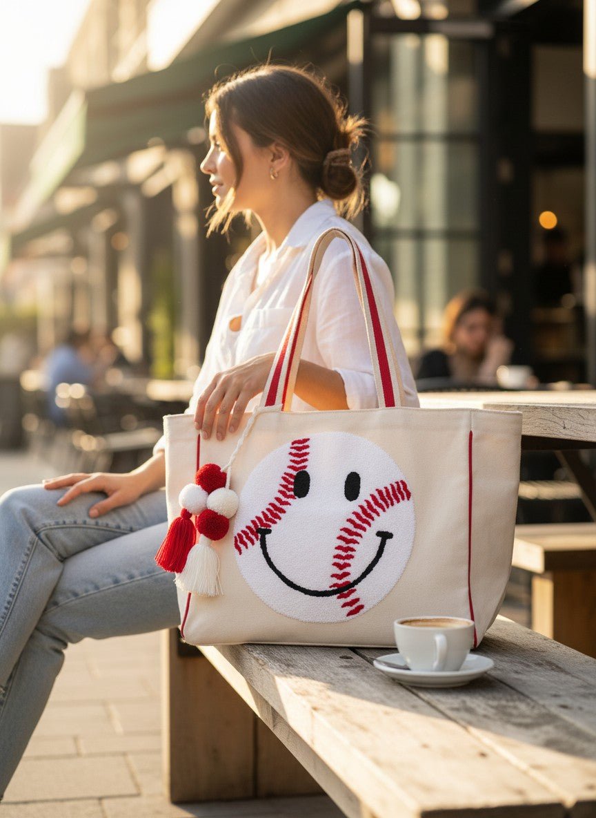 Baseball Oversized Happy Face Tote Bag - Nifty Decor & More