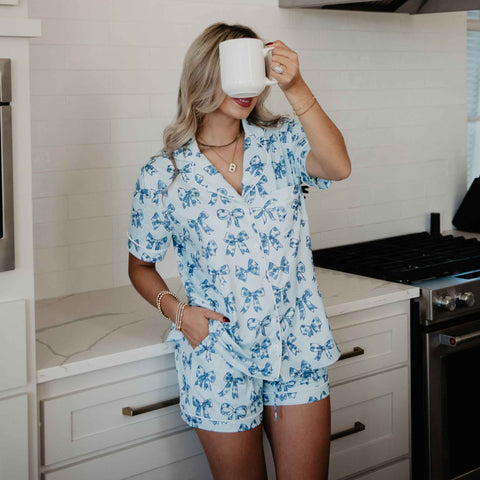 Toile Print Pajamas with Coquette Bows, Adorable Soft Sleepwear for Cozy Nights, Perfect Gift for Girls & Ladies Who Love Cute PJs