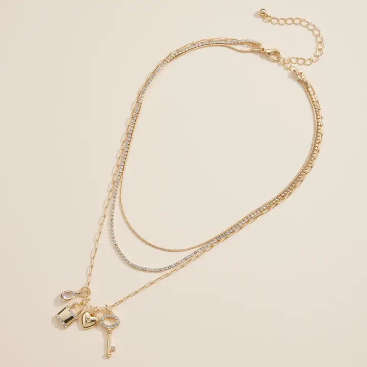Layered Necklace with Lock, Key & Heart Charms