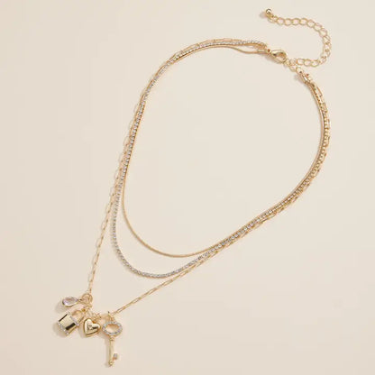 Layered Necklace with Lock, Key & Heart Charms