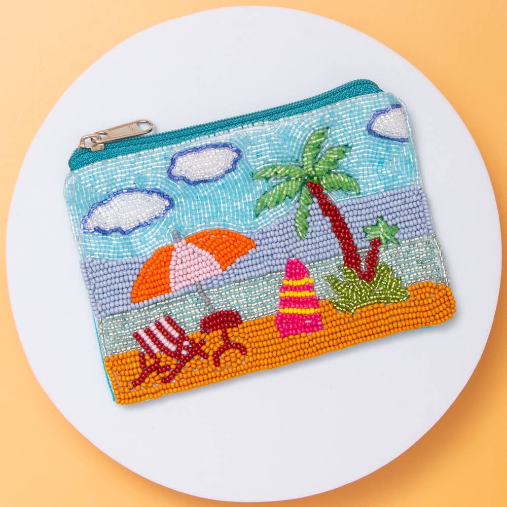 Beach Scene Palm Umbrella Seed Bead Zip Top Coin Bag - Nifty Decor & More