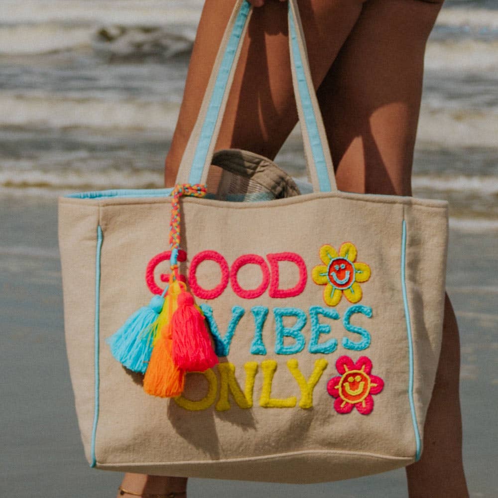 Beach Themed Tote Bags, Fun & Bright Beach Vibes Design, Ultimate Summer Tote Gift for Beach Lovers Tote Bag Good Vibes