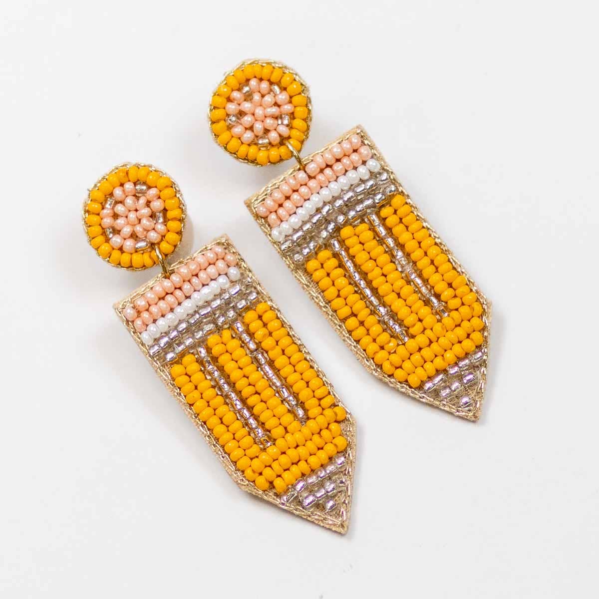 Beaded Pencil Earrings, Bold Yellow Pink Gold, Perfect Teacher Accessory, Fun Teacher Appreciation Gift - Nifty Decor & More