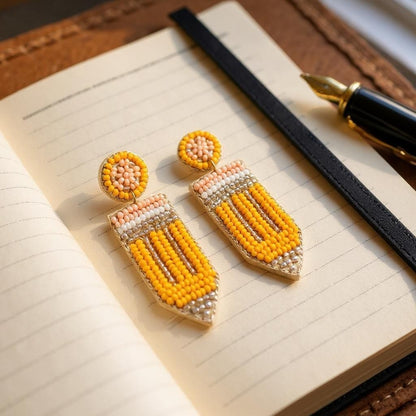 Beaded Pencil Earrings, Bold Yellow Pink Gold, Perfect Teacher Accessory, Fun Teacher Appreciation Gift - Nifty Decor & More