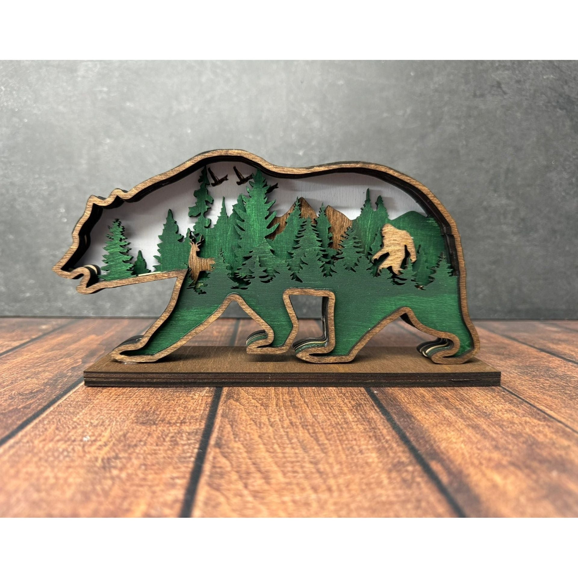 Bear and Bigfoot 3D Shelf Sitter Handcrafted Wood Forest Scene Wildlife Decor - Nifty Decor & More