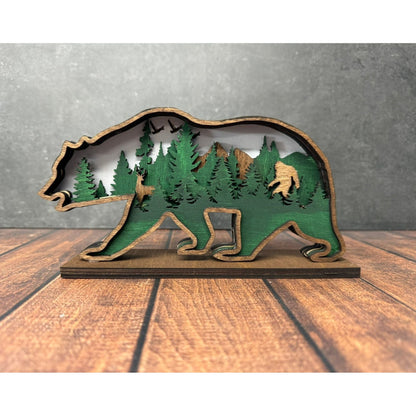 Bear and Bigfoot 3D Shelf Sitter Handcrafted Wood Forest Scene Wildlife Decor - Nifty Decor & More
