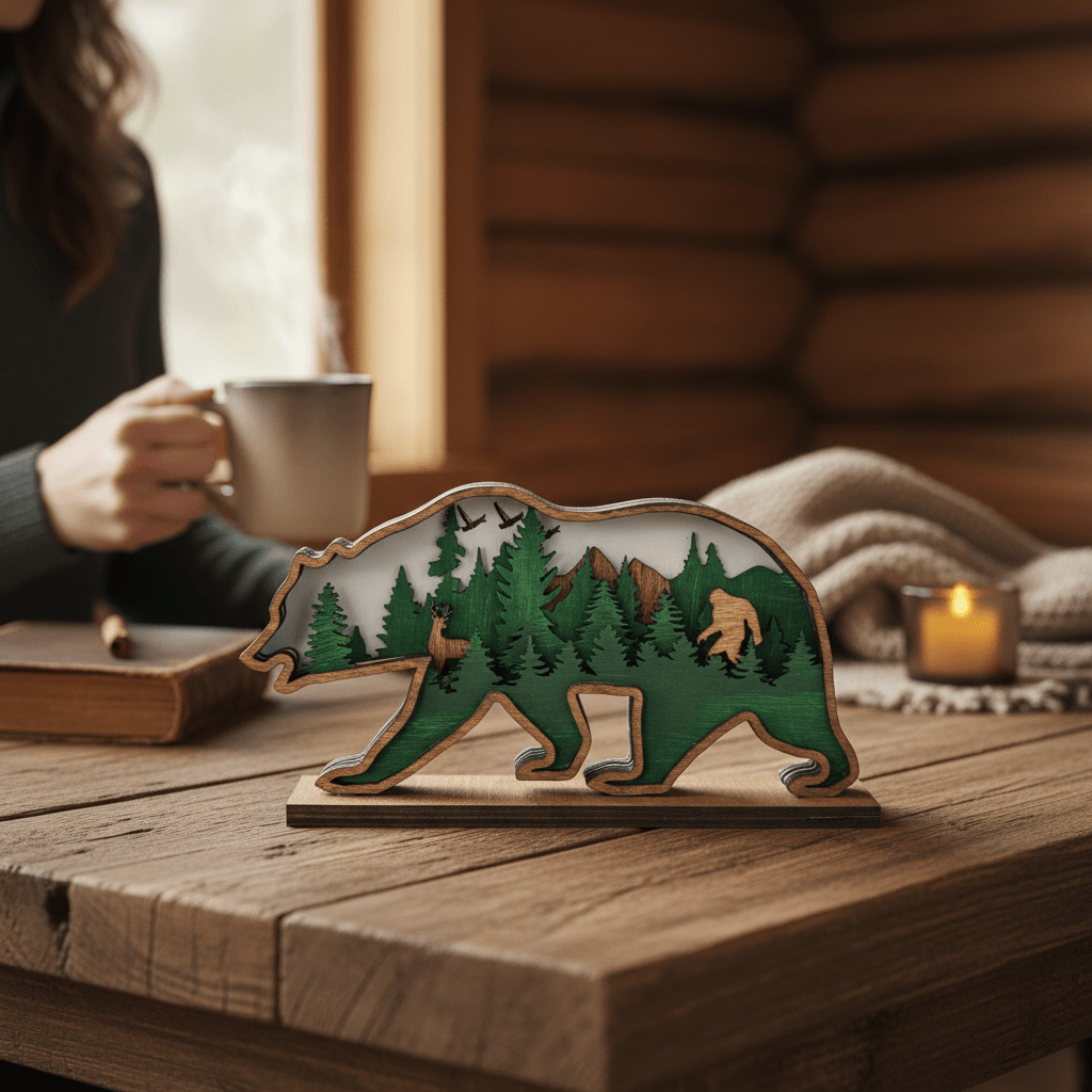 Bear and Bigfoot 3D Shelf Sitter Handcrafted Wood Forest Scene Wildlife Decor - Nifty Decor & More