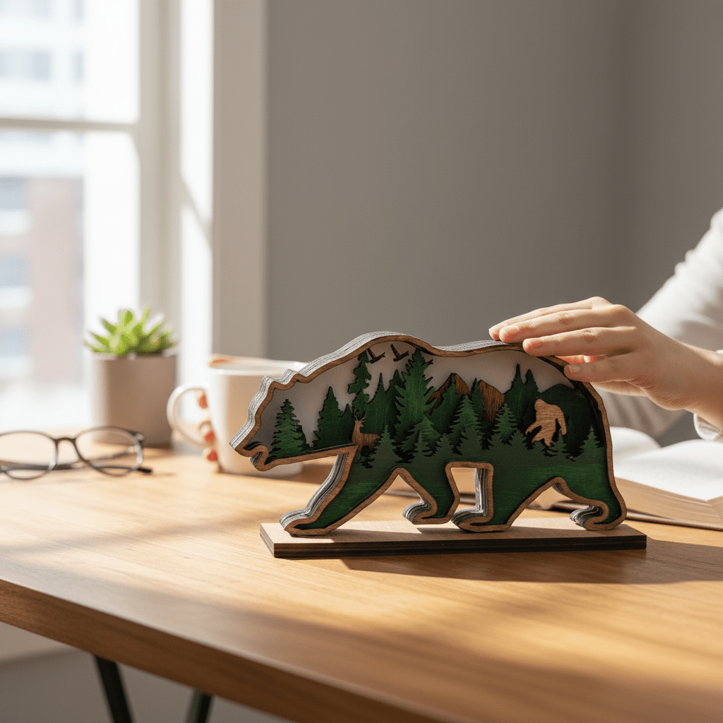 Bear and Bigfoot 3D Shelf Sitter Handcrafted Wood Forest Scene Wildlife Decor - Nifty Decor & More