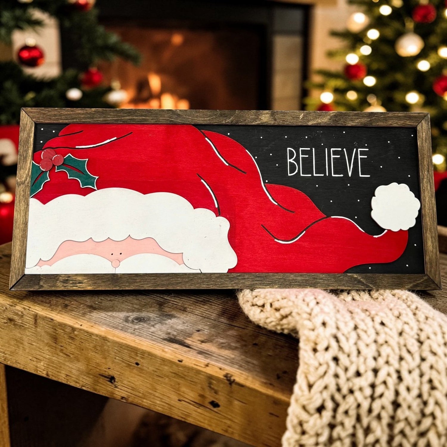Believe Wooden Sign Santa Claus Christmas Wall Decor Framed Holiday Art - Nifty Decor & More