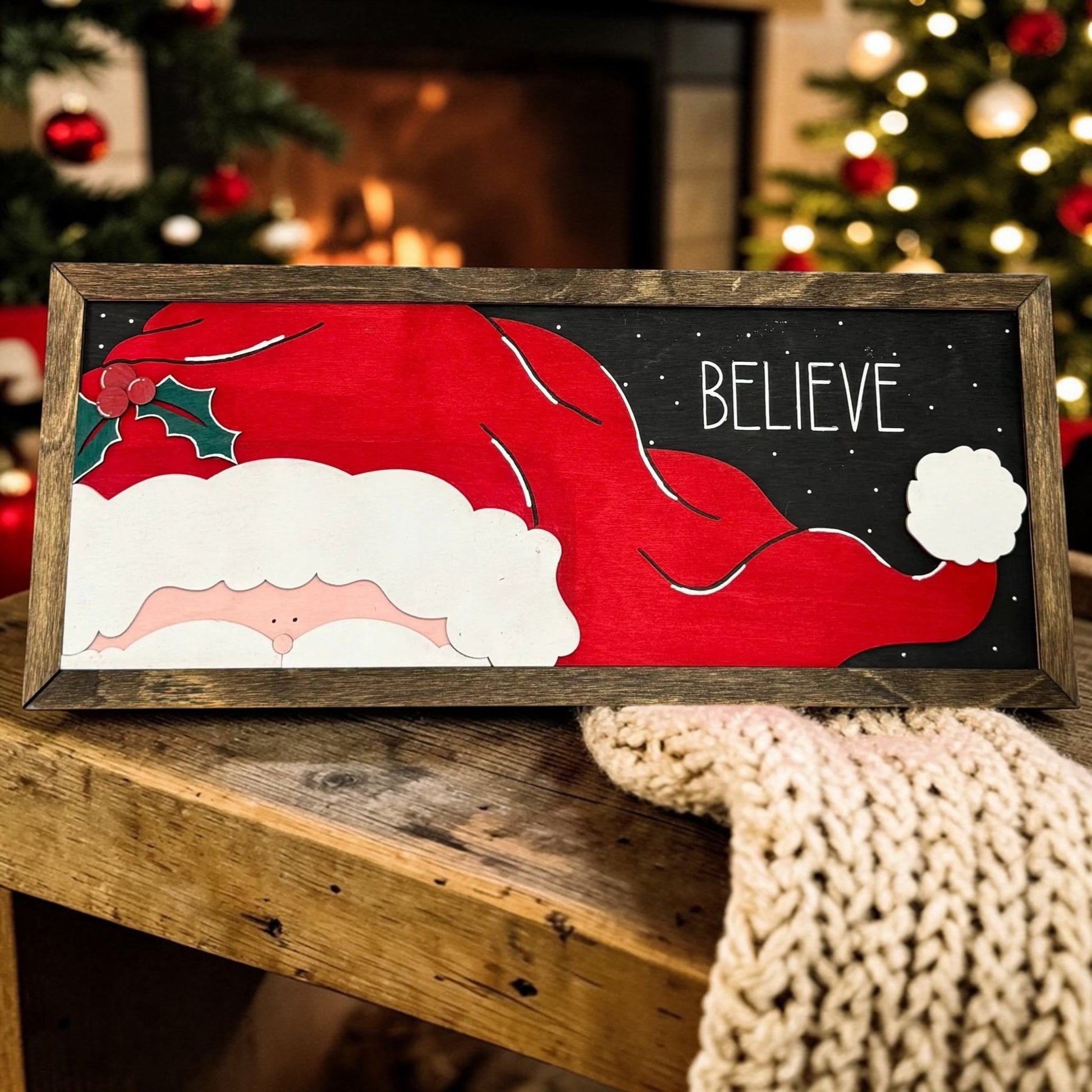 Believe Wooden Sign Santa Claus Christmas Wall Decor Framed Holiday Art - Nifty Decor & More