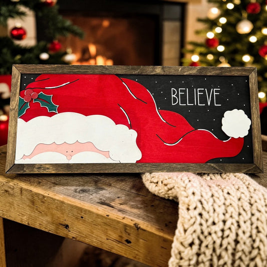 Believe Wooden Sign Santa Claus Christmas Wall Decor Framed Holiday Art - Nifty Decor & More
