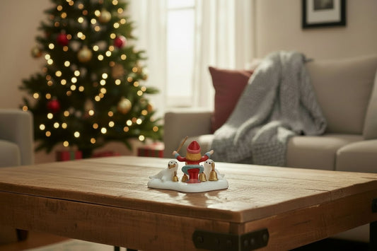 Decorative figurine on a wooden coffee table with a Christmas tree in the background