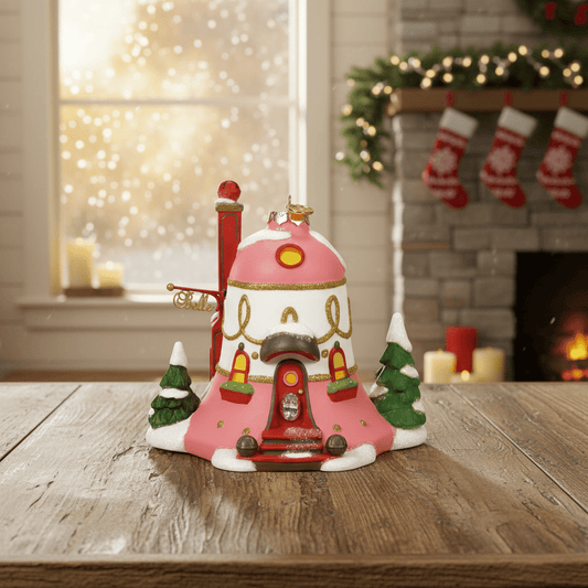 Decorative Christmas village house on a wooden table with festive background