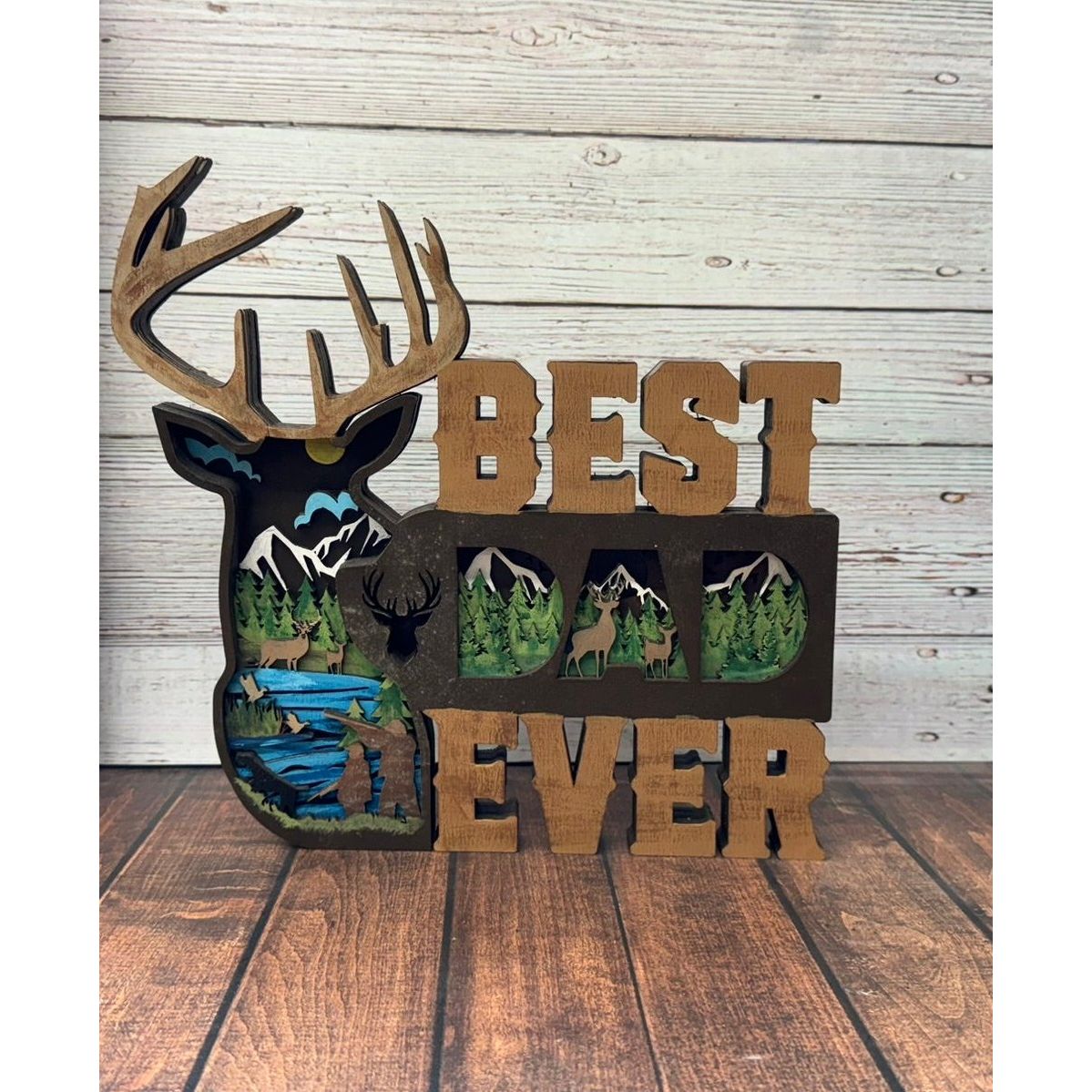 Best Dad Ever Deer 3D Shelf Sitter Handcrafted Layered Wood Wildlife Father’s Day Decor - Nifty Decor & More