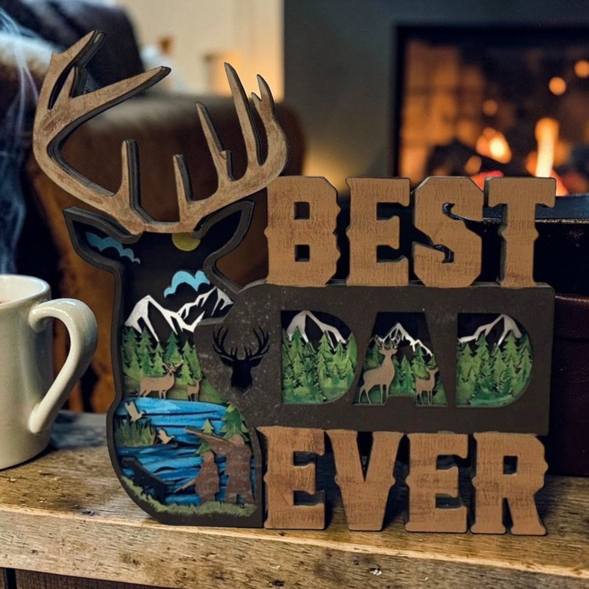 Best Dad Ever Deer 3D Shelf Sitter Handcrafted Layered Wood Wildlife Father’s Day Decor - Nifty Decor & More