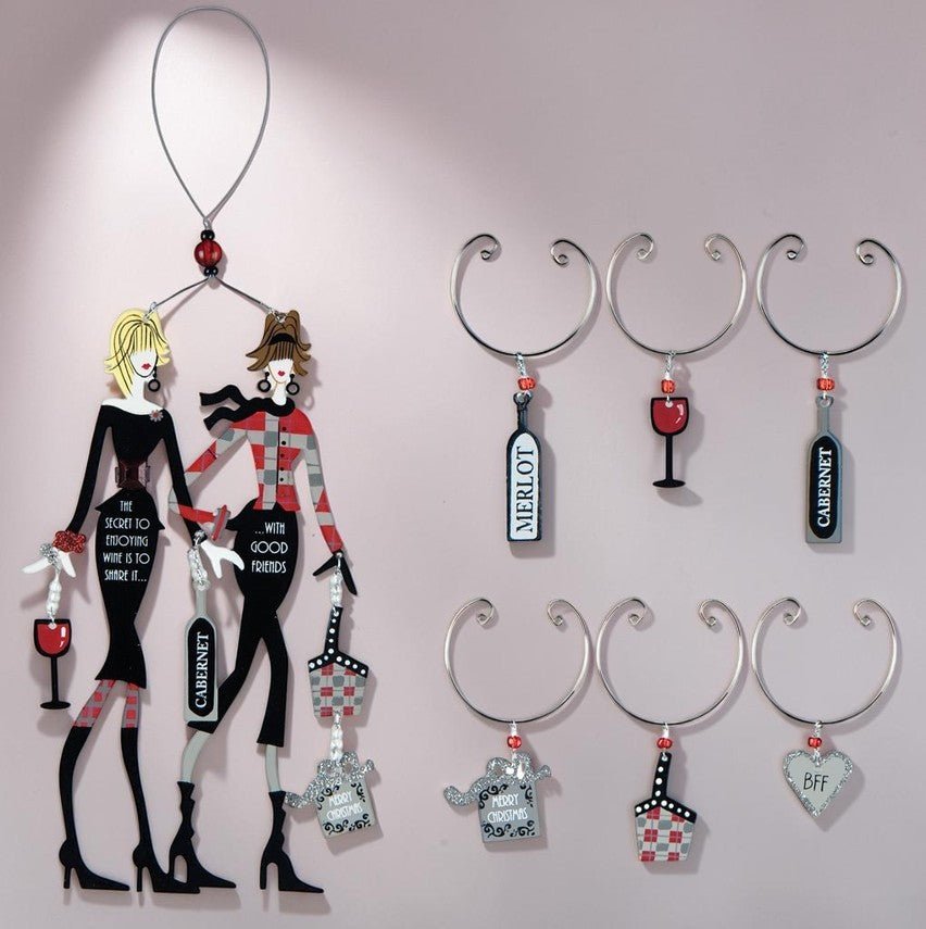 Best Friends Wine Bottle & Glass Charm, 7 piece set - Nifty Decor & More