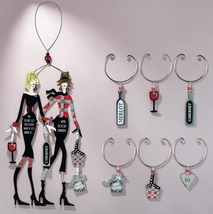 Best Friends Wine Bottle & Glass Charm, 7 piece set - Nifty Decor & More