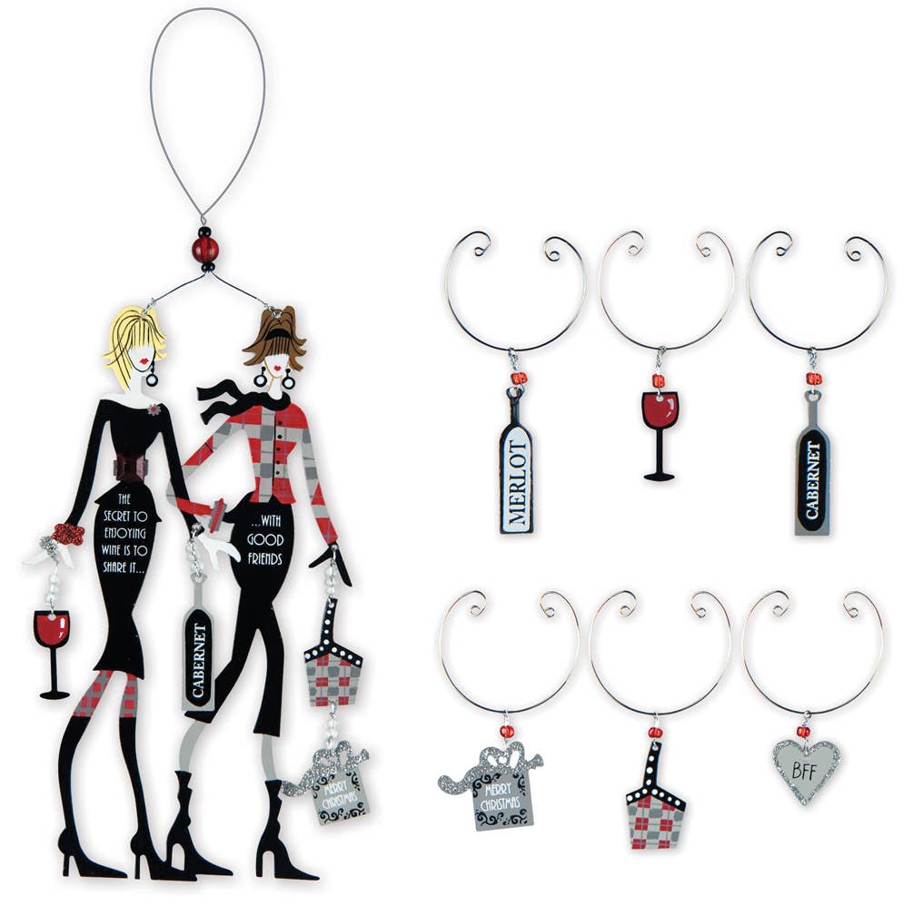 Best Friends Wine Bottle & Glass Charm, 7 piece set - Nifty Decor & More