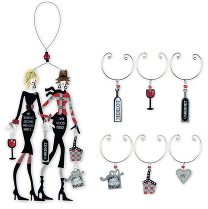 Best Friends Wine Bottle & Glass Charm, 7 piece set - Nifty Decor & More