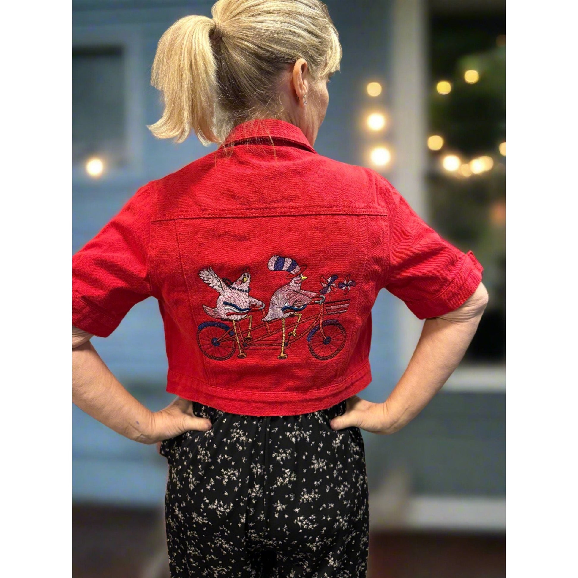 Bicycle Built for Two Patriotic Embroidered Denim Jacket Handcrafted 4th of July Apparel - Nifty Decor & More