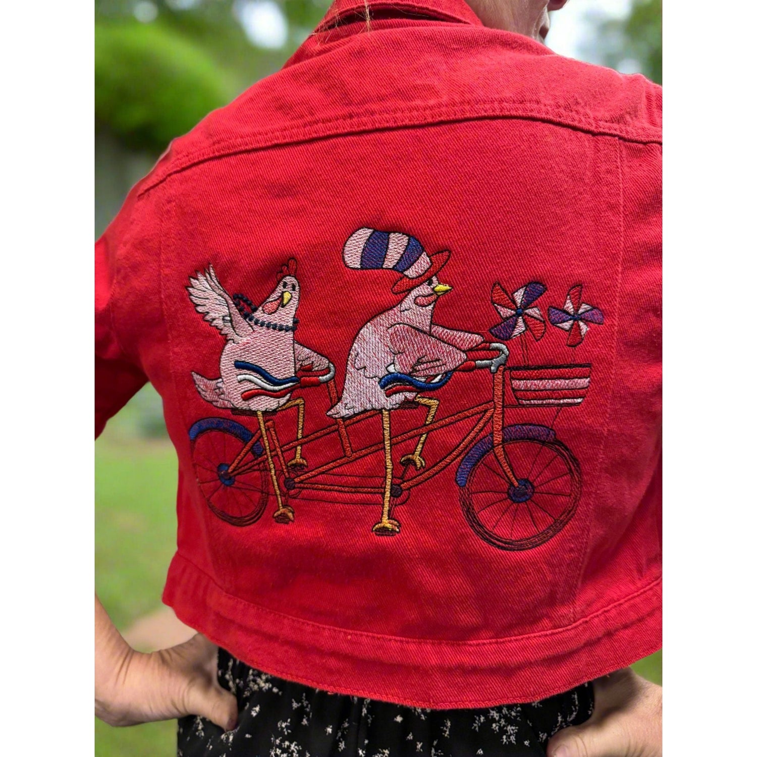 Bicycle Built for Two Patriotic Embroidered Denim Jacket Handcrafted 4th of July Apparel - Nifty Decor & More