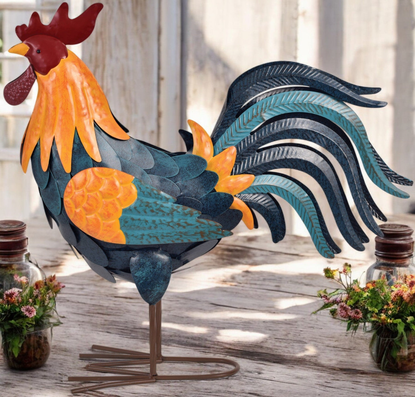 Big T Rooster Metal Rooster Decor | Farmhouse Outdoor Accents for Garden & Patio - Nifty Decor & More