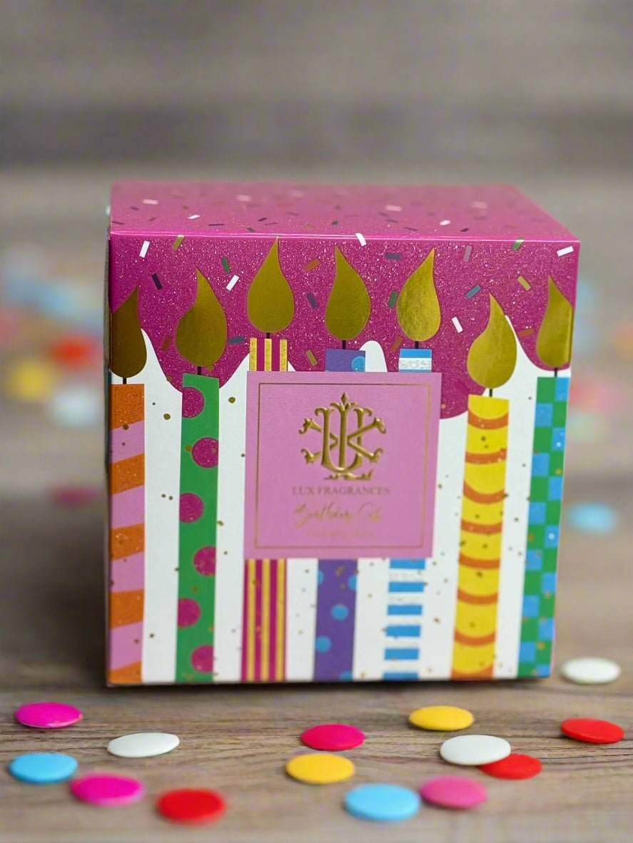Birthday Cake 8oz Luxury Designer Box Candle - Vanilla Bean & Buttercream Celebration Scent - Nifty Decor & More