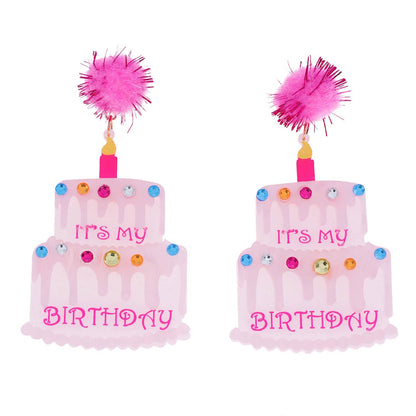 Birthday Cake w/ Pom Pom Dangle Earrings - " It's My Birthday" - Nifty Decor & More