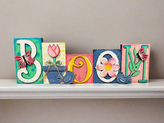 Bloom Word Block Decor in Spring Colors | Rustic Home & Office Decoration, Perfect Gift Idea for Nature Lovers