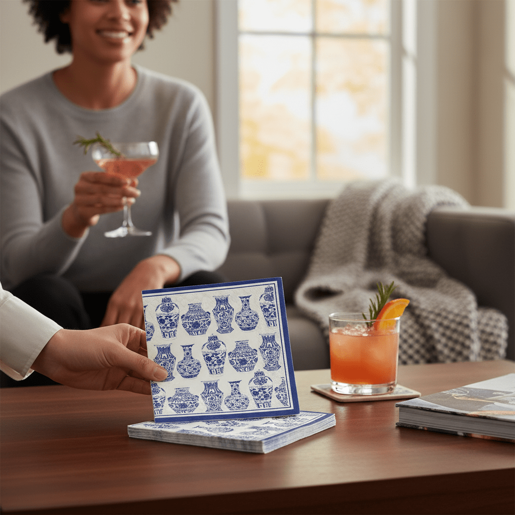 Blue and White Vase Paper Cocktail Napkins, Elegant Floral Design for Parties, 20 Pack, hostess gift - Nifty Decor & More