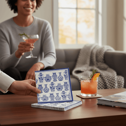 Blue and White Vase Paper Cocktail Napkins, Elegant Floral Design for Parties, 20 Pack, hostess gift - Nifty Decor & More