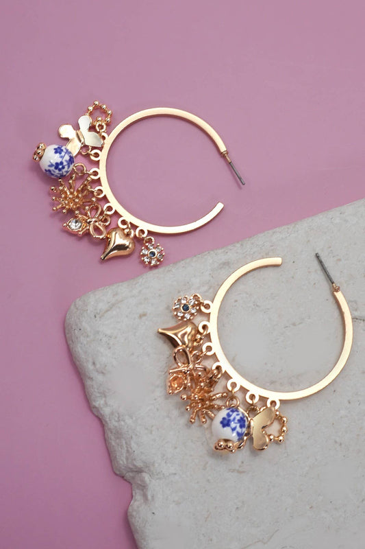 Blue Ceramic Porcelain Multi Charm Hoop Earrings, Lightweight Artistic Hoop for Stylish Looks, Ideal Gift for Her Birthday or Holidays Hoop Earrings