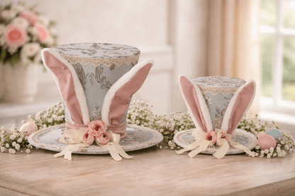 Blue Floral Patterned Top Hat with Bunny Ears - Set of 2 - Nifty Decor & More