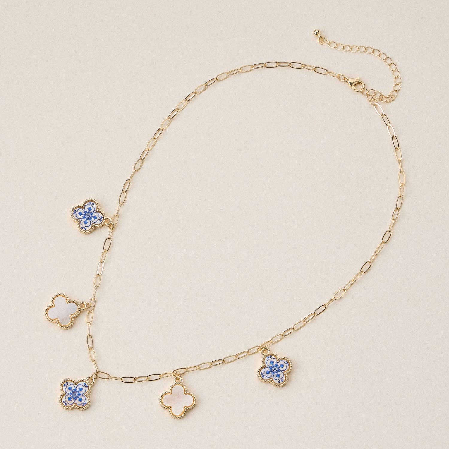 Blue Floral Pearl Quatrefoil Charm Necklace, Elegant Handmade Jewelry for Everyday Wear, Perfect Gift for Her - Nifty Decor & More