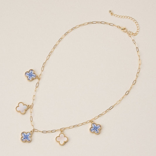 Blue Floral Pearl Quatrefoil Charm Necklace, Elegant Handmade Jewelry for Everyday Wear, Perfect Gift for Her - Nifty Decor & More