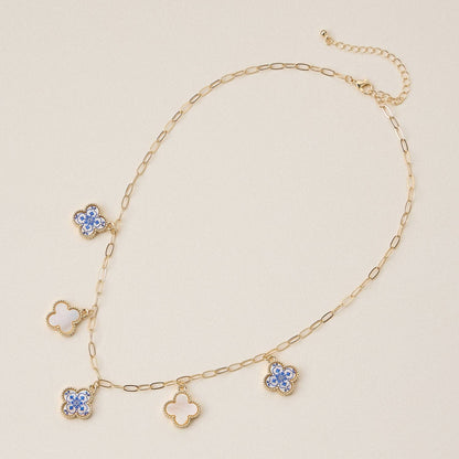 Blue Floral Pearl Quatrefoil Charm Necklace, Elegant Handmade Jewelry for Everyday Wear, Perfect Gift for Her - Nifty Decor & More