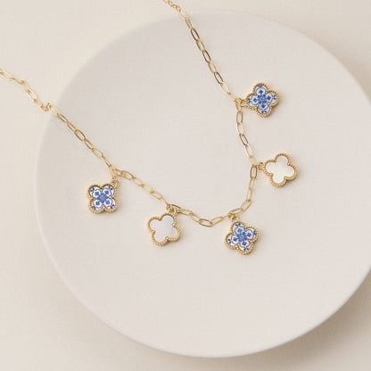 Blue Floral Pearl Quatrefoil Charm Necklace, Elegant Handmade Jewelry for Everyday Wear, Perfect Gift for Her Charm with necklace