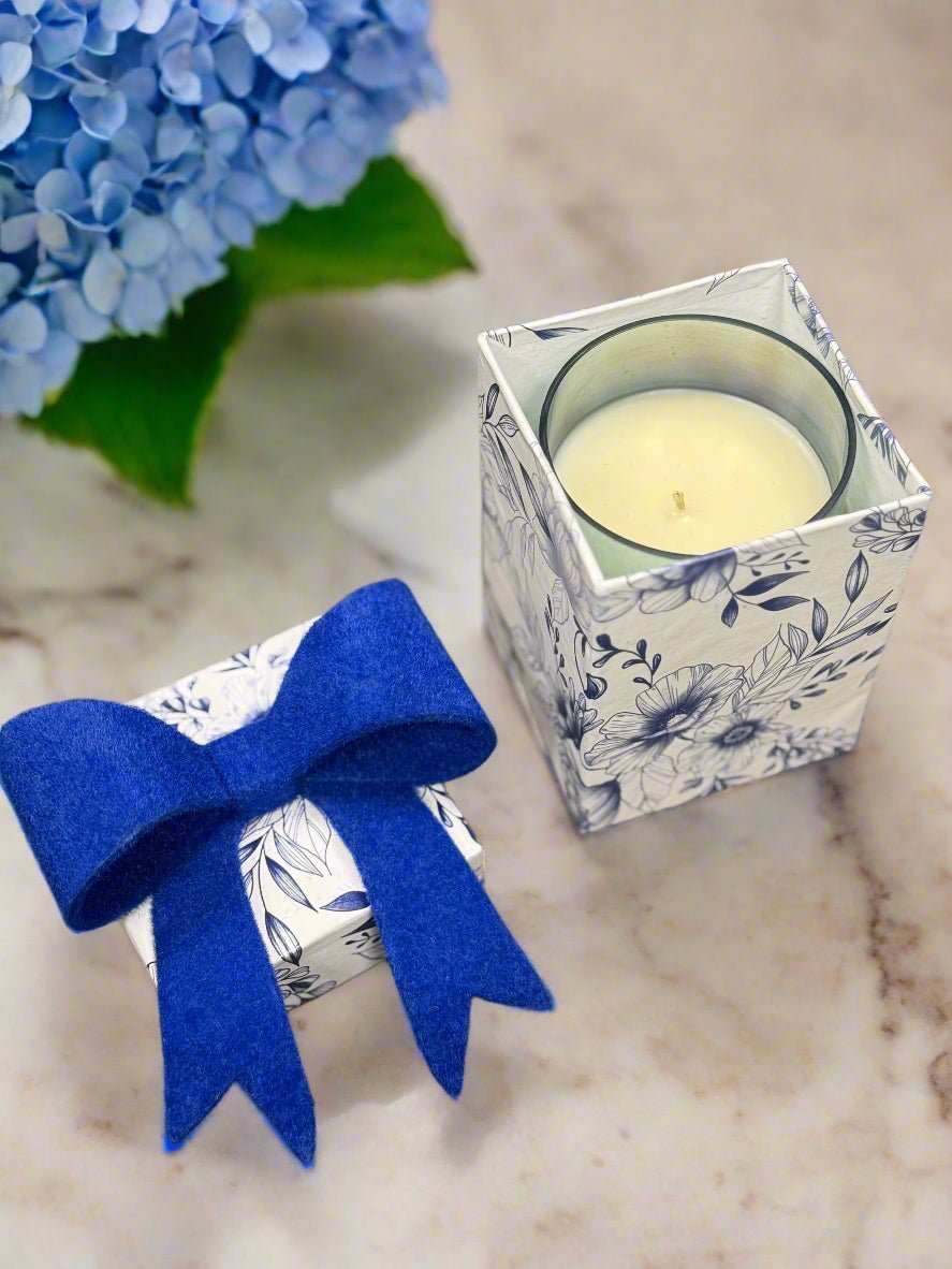 Blue Hydrangea Luxury Bow Candle, 8oz or 14oz - Nifty Decor & More