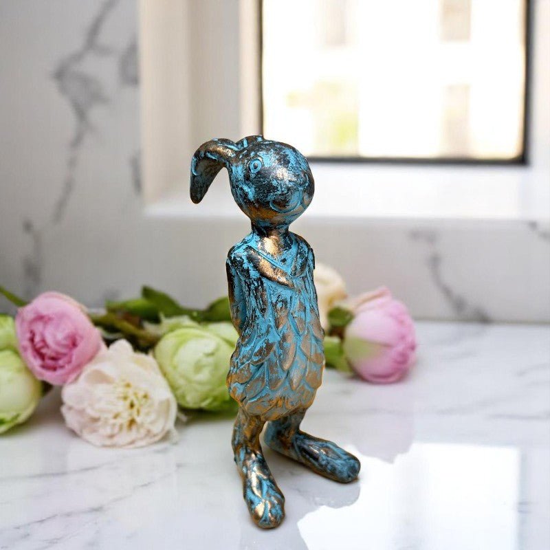 Blue Patina Bunny Resin Figurine, Chic Rustic Home Decor, Perfect Accent for Animal Lovers, Unique Gift for Bunny Fans - Nifty Decor & More