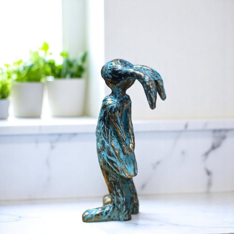 Blue Patina Bunny Resin Figurine, Chic Rustic Home Decor, Perfect Accent for Animal Lovers, Unique Gift for Bunny Fans - Nifty Decor & More