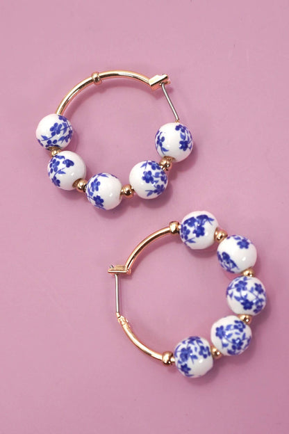 Blue Porcelain Ceramic Hoop Earrings, Eye - Catching Artisan Jewelry for Trendy Gift - Nifty Decor & More