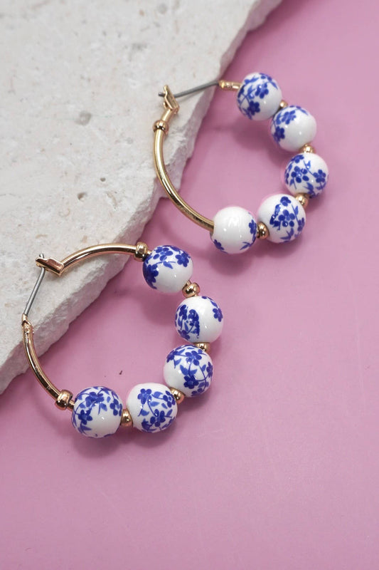 Blue Porcelain Ceramic Hoop Earrings, Eye-Catching Artisan Jewelry for Trendy Gift Hoop Earrings