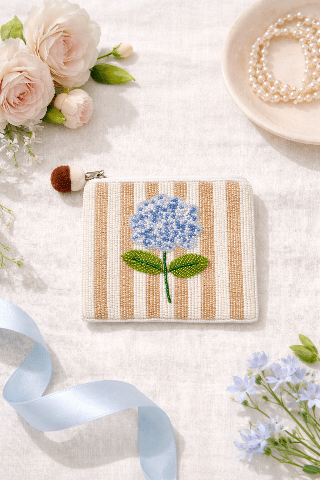 Blue Striped Hydrangea Beaded Coin Pouch - Nifty Decor & More